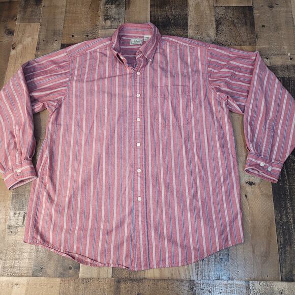 LL Bean Shirt Adult Large Reg Blue Cotton Striped Button Up Short Sleeve Mens‎ - Picture 1 of 7
